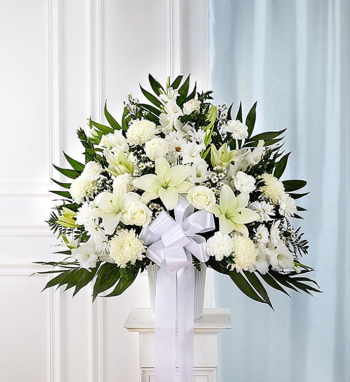 Heartfelt Sympathies White Funeral Standing Basket